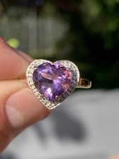 9ct Gold Diamond Amethyst Heart Ring, 9K 375