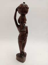 Hand-Carved Wooden Female Figurine with Basket Tribal Art Sculpture