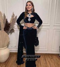 VELVET LEHNGA SARI INDO WESTERN DRAPE LEHENGA SAREE WEDDING DESIGNER BOLLYWOOD