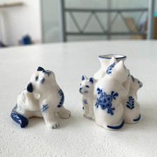 Vintage Delft Porcelain Blue White Cat Figurines, Kitten Pot Miniature Ornament