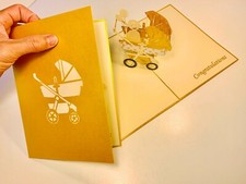 Baby Carriage Pram Gold 3D Pop Up Greeting Baby Shower Congratulations Mother