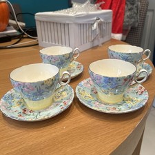 Set of 4 SHELLEY Fine Bone China MELODY CHINTZ cup & saucer Patt #12974 Art Deco