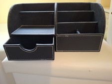 Brown Leather Desk Organiser / Tidy. White stitch Trim. Excellent Condition