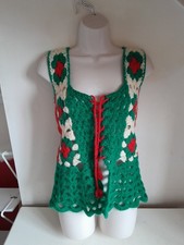 Vintage 70,s Red/Green & Cream Crocheted Wool Waistcoat Cardi Size In Descriptio