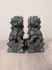 Oriental Carved Green Jade Stone Foo Dogs Sculptures RARE Movable Parts Fu 