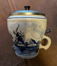 Vintage Delft Windmill china tea caddy with dispenser and metal lid
