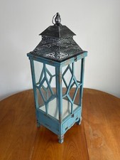 Large blue floor standing Wood Glass Metal Lantern candle holder hurricane lamp