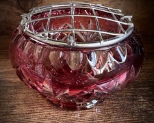 Small Vintage Cranberry Cut Glass Posy Vase Flower Frog Country Cottage Style
