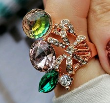 Sparkly Glass Rhinestone Ring Rose Gold Cocktail Ring Sparkly CZ Style Size R