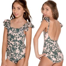 MAAJI DUSK TIL DAWN Sz M Floral Leaves Print Ruffle Shoulders Bathing Swimsuit