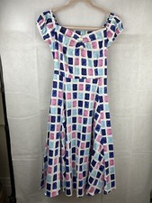 Collectif Dolores White Dress Size 10 / S On / off shoulder sleeve  Blue Pink