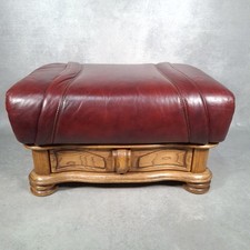 Vintage Leather Ox Blood Footstool Pouffe + Storage Drawer Large Ornate Oak Base
