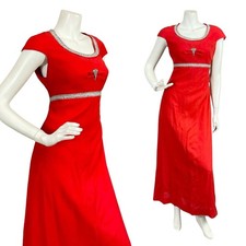VTG 60S 70S BRIGHT RED SILVER DIAMANTE MOD CAP SLEEVE EMPRIE MAXI DRESS 10