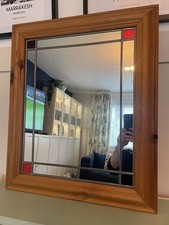 Vintage Leaded Stained Glass Mirror Pine Wood Framed Cottage Wall