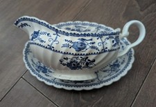 Vintage 1980s Johnson Bros 1pt Gravy Boat Jug & Saucer Blue & White Indies