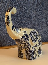 Blue & White Ceramic Elephant Ornament – Delft Style Figurine – Boho Chic Home