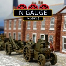 PAINTED -N Scale Gauge WW1 Traction Engine & Figure & Howitzer  (WW2 1:160)