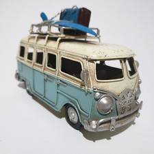 Retro 1970s Tinplate VW Bus Model with Roof Surfboard and Luggage, Collectible,
