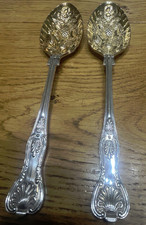 Vintage Pair Of Silver Plate Berry Spoons With Gilt Bowls
