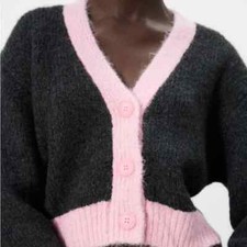 Zara Colour Block CROPPED KNIT CARDIGAN: Size: SMALL: Colour: PINK AND BLACK