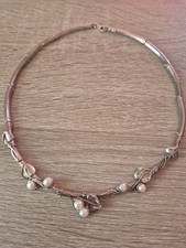 Hagit Gorali Signed Sterlng Silver and Pearl Leaves Necklace Choker