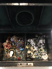 Old Jewellery Box With Vintage Jewellery In Cufflinks Badges Pendants Necklaces