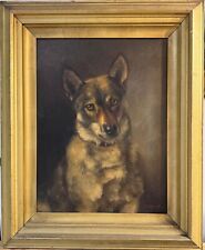Antique oil painting on canvas portrait of German sheperd Dog signed framed