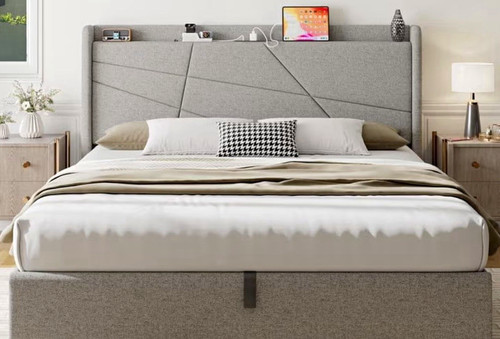 Beige fabric upholstered queen - fabric,