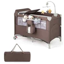COSTWAY 5-in-1 Portable Pack and Play Foldable Baby Nursery Center-Brown
