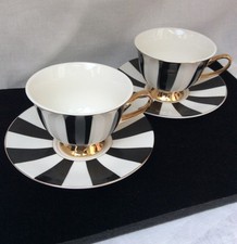 220ml Black/White Stripy Cup and Saucer Sets of Qty.2 or 4  - Slight Seconds