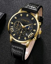 Watch Gift Men Gents Leather Strap  Black & Gold Luxury Bling Watches UK