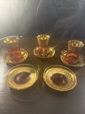 Vintage Paşabahçe Turkish Ruby Glass Tea Cups & Saucers Gold Overlay