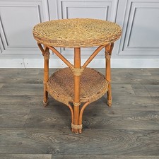 Vintage Rattan Side Table - Round Two Tier Wicker Boho Lamp Plant Stand Retro