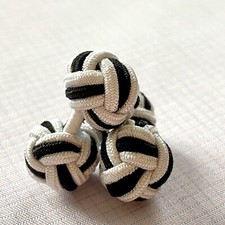 1 PAIR SILK FABRIC KNOT CUFFLINKS FOR DOUBLE / FRENCH CUFFS, WHITE/BLACK, NEW 