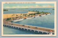 Miami Beach Causeway Yacht Mooring~Vintage Linen Florida Postcard 1940s