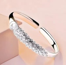 UK Women Girl 925 Sterling Silver Jewelry Peacock Charm Bangle Bracelet Gift