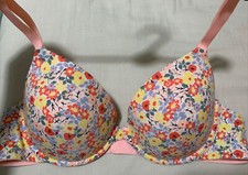 M&S Cotton Rich UNDERWIRED FLORAL PRINT PLUNGE BRA in PEACH MIX Size 32D