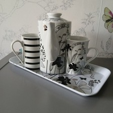 Regal Spencer Tea for Two Black White Floral Teapot, Mugs x 2, Tray