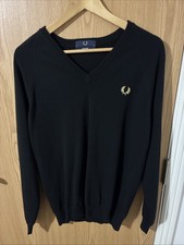 Fred Perry Reissues Merino Wool Black V Neck Jumper Size M Made In Italy