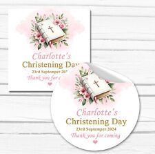 Personalised Christening Stickers Baptism Favours Labels Pink Floral Bible