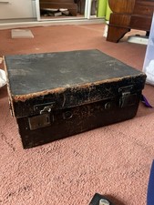 16” x 7” x 13” black leather antique suitcase with purple lining vintage 