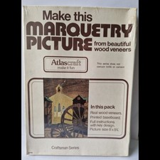 Atlas Craft Marquetry Picture Wood Veneer Craft Kit Wagon Wheels Church Scene