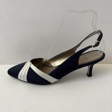 Jacques Vert Slingback Pleat Front Shoes Heels Size UK 6 Navy Blue White Pointed