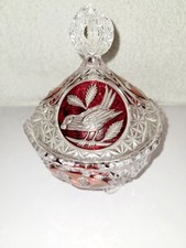 Vintage Hofbauer Byrdes Ruby Red  Lead Crystal Candy Dish With Lid
