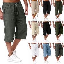 Mens Cotton Linen 3/4 Length Shorts Elastic Waist Cargo Capri Cropped Pants Size