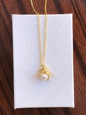 925 Sterling Silver Bumble Bee w/ Pearl Pendant Necklace 11mm(0.43") 17.75"