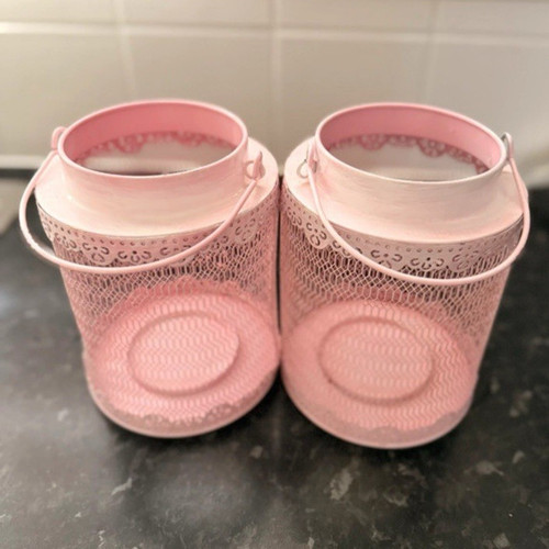 Pair pink metal lace candle - pair,