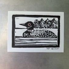 Original Linocut ACEO Loon