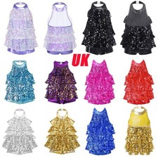 UK Girls Sequins Jazz Dance Costumes Ballet Modern Halter Leotard Shiny Dress  