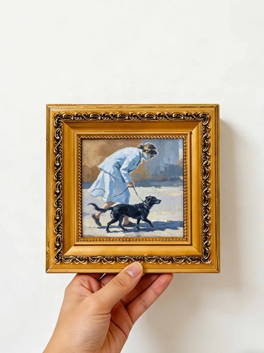 Lady walking black dog casual - lady,